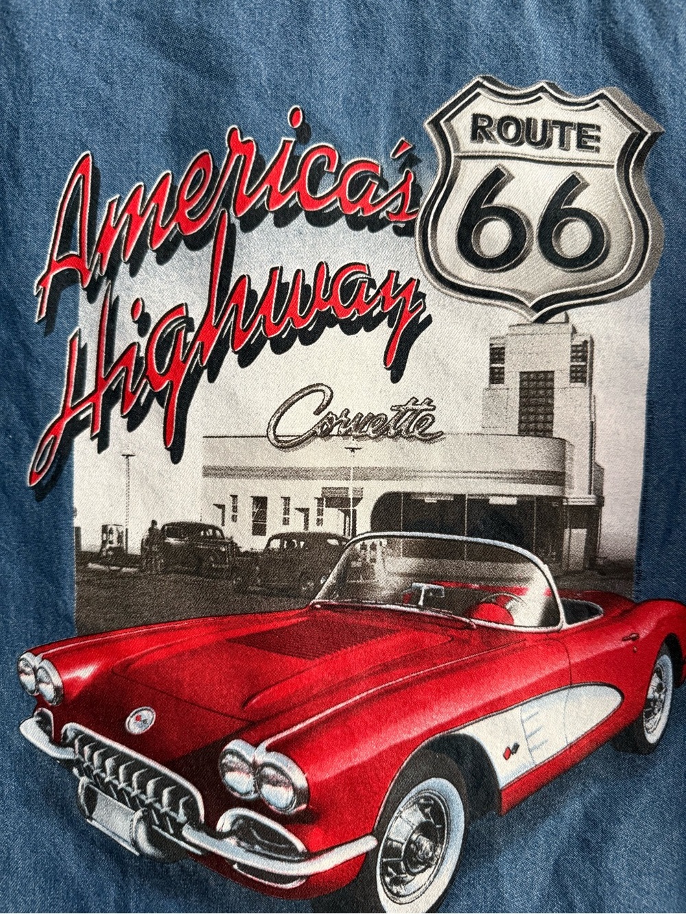 Classic Car Collection Corvette Graphic Route 66 denim button-down shirt Sz-Med